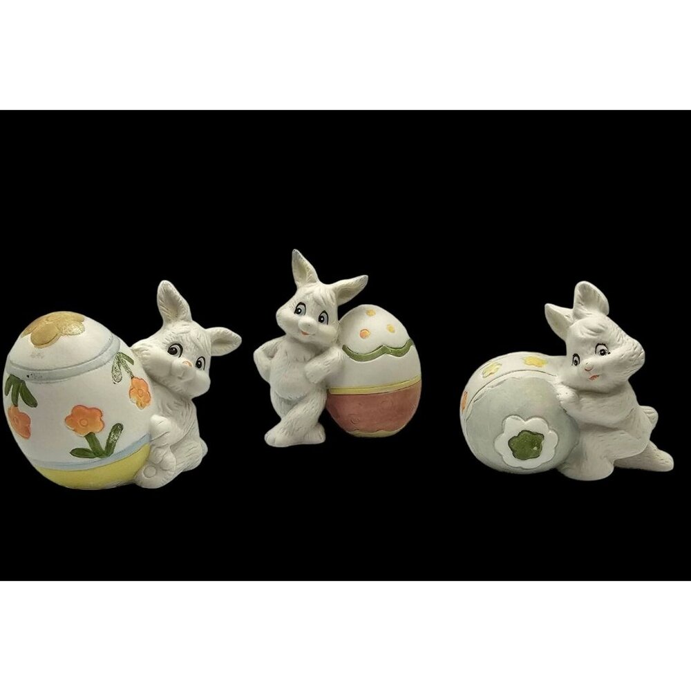 Easter Bunny Set Of 3 Ceramic Rabbit Bunnies with Easter Eggs Spring Decorations